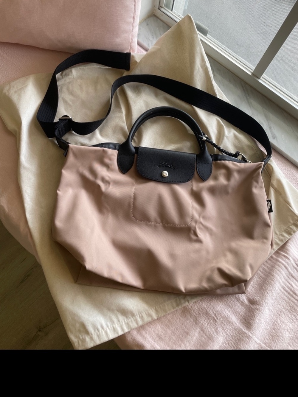 Longchamp Nylon Tote in Blush with Black Trim